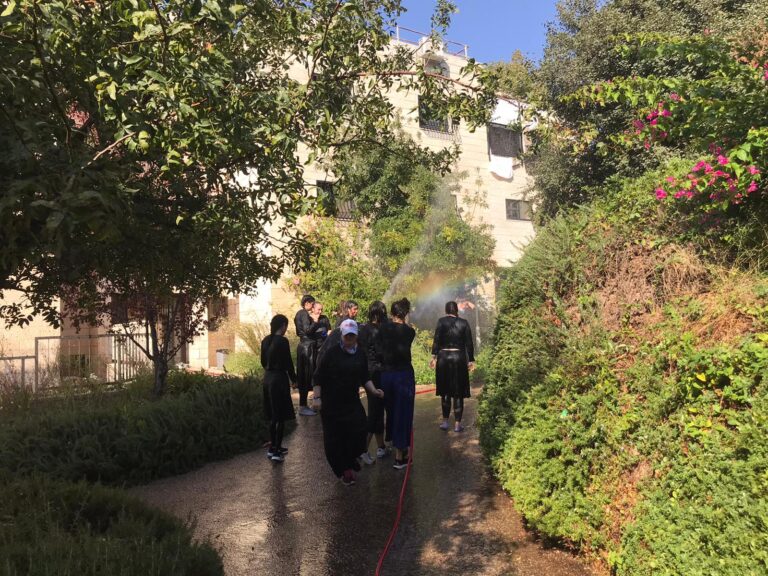 Group of people on wet garden path, rainbow