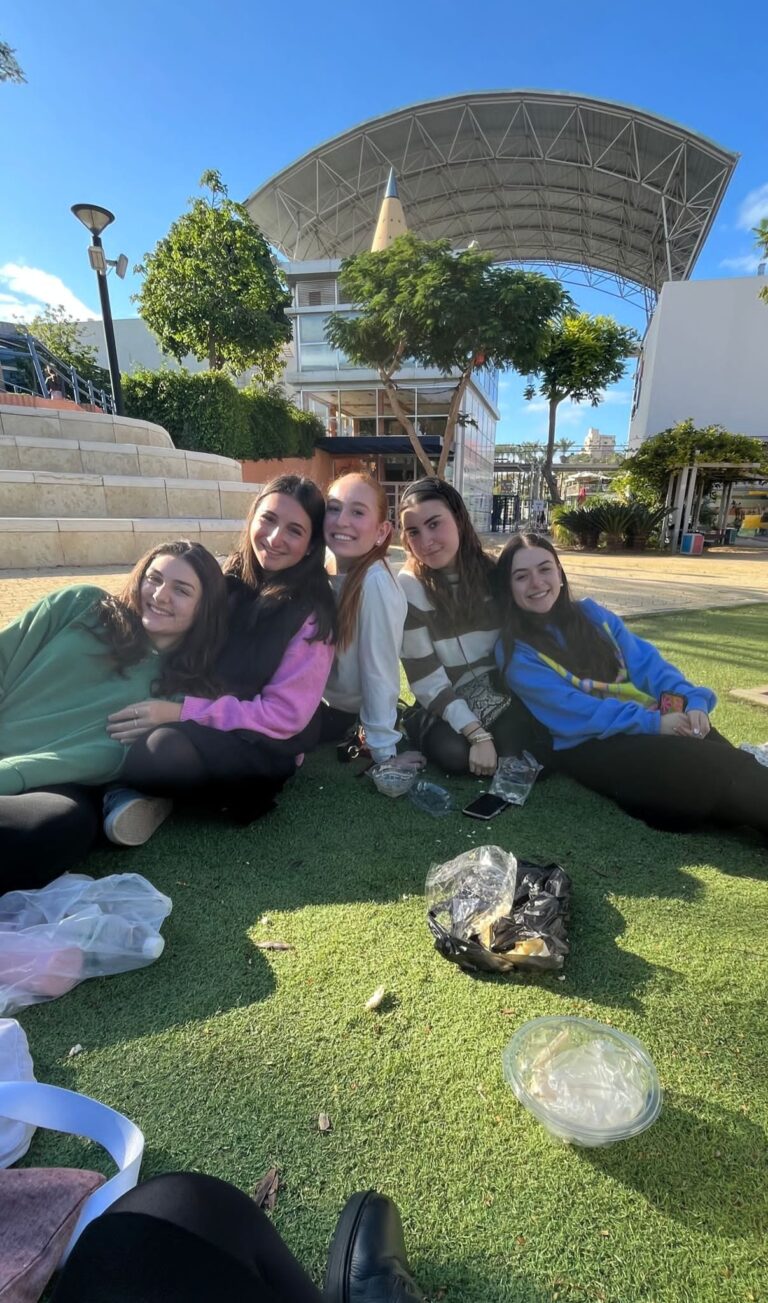 Five friends sitting on grass near pavilion