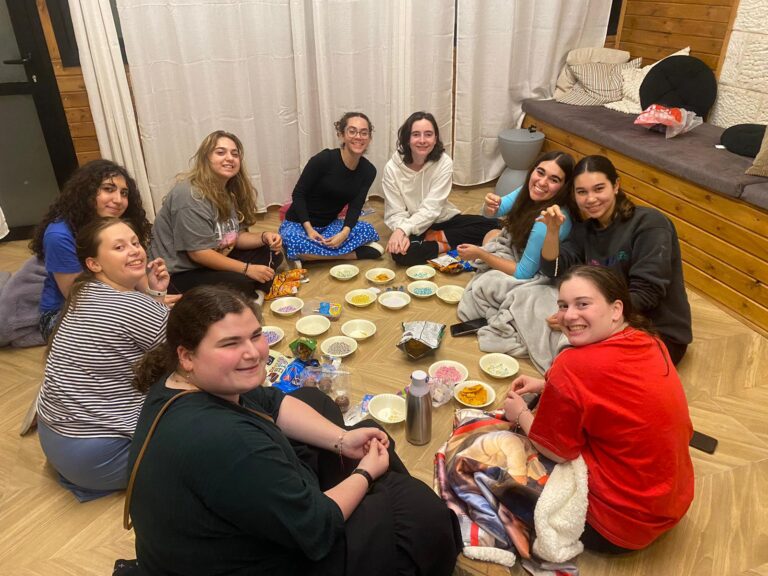 Group of friends sharing meal on floor