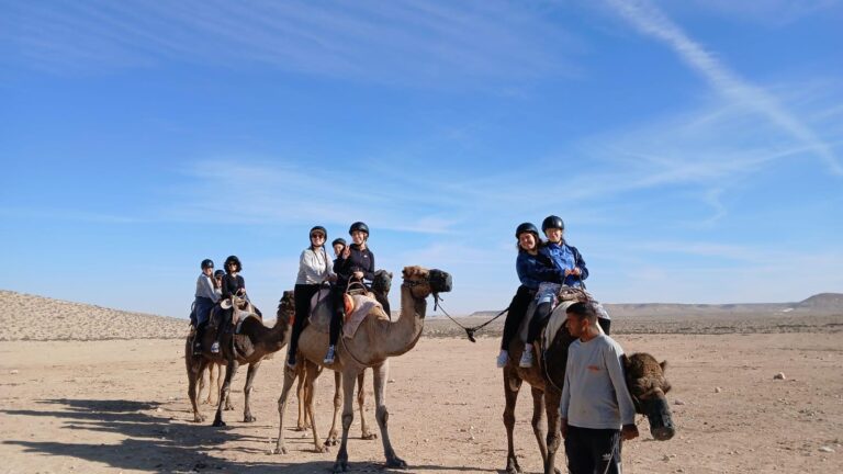 Riders on camels in desert landscape