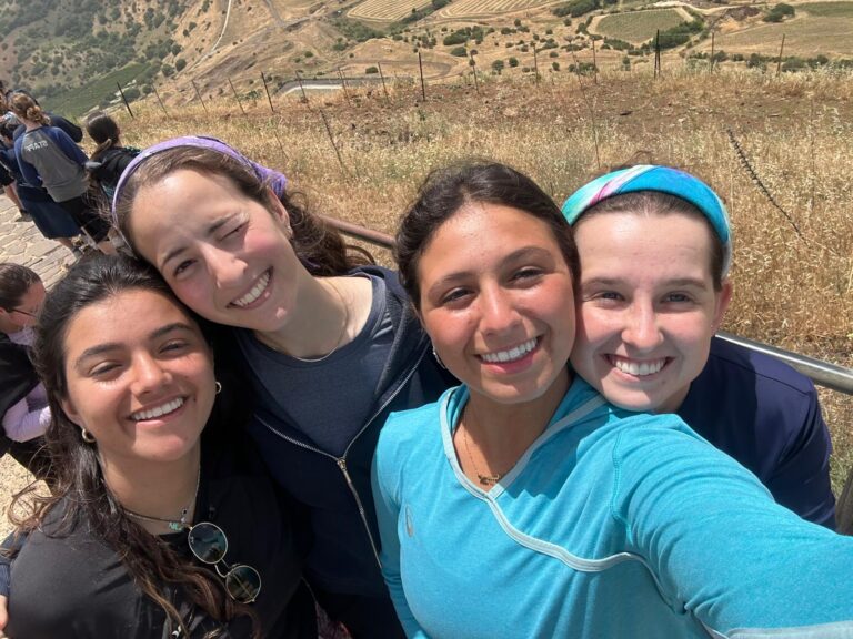 Four friends smiling on hillside hike selfie