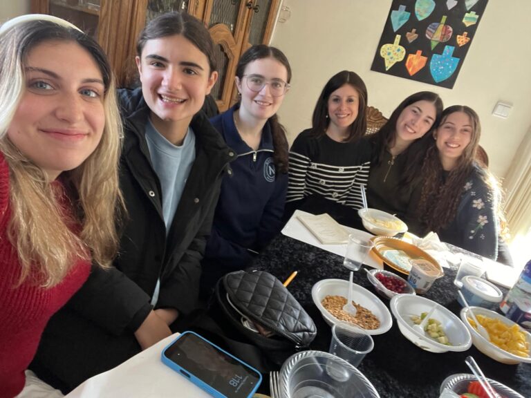 Group selfie around table with food